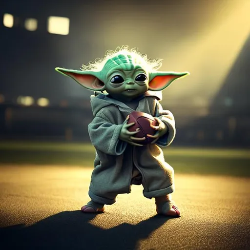 Prompt: baby yoda throwing a football with great lighting in super hero style