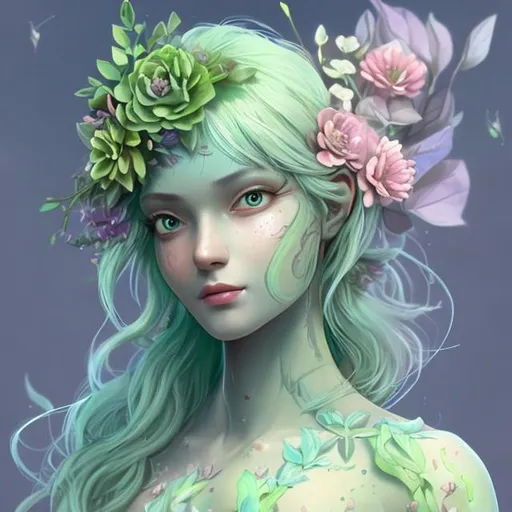 Prompt: male nymph bard, pastel green skin with flowers growing, nature decal on skin, high detail, magical, pastel colors, high fantasy