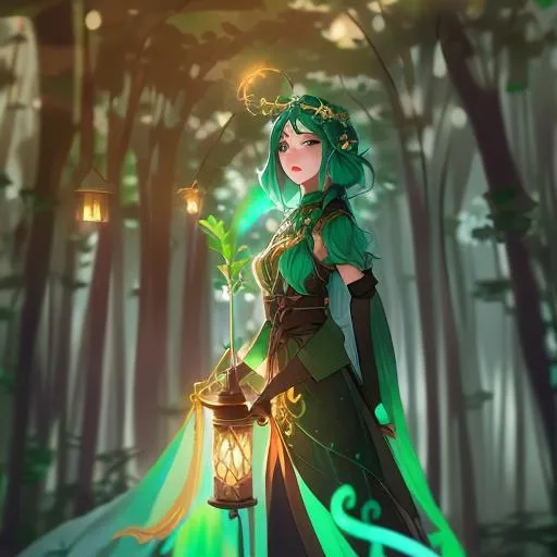 Prompt: green haired anime character with a wooden staff with vines in a forest with a lantern, portrait of a forest mage, forest soul, artwork in the style of guweiz, guweiz on artstation pixiv, guweiz on pixiv artstation, beautiful full body concept art, a druid, illustration concept art, magical fantasy 2 d concept art, guweiz