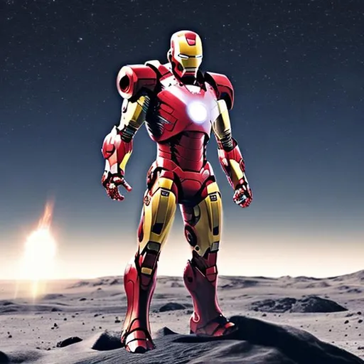 Prompt: A future iron man   standing on the moon. He has wearing future iron armour. In which have many weapon . Looks like super robot armour. 
