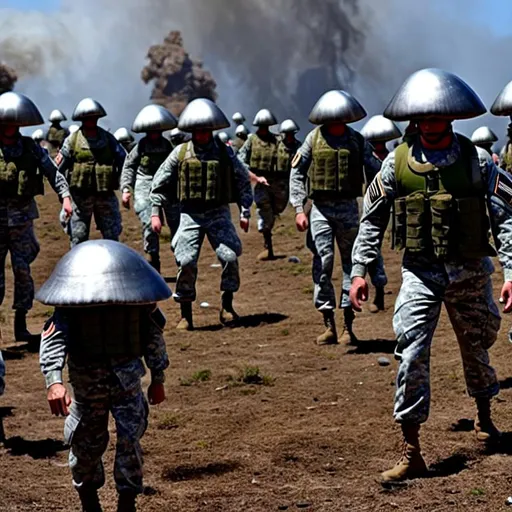 Prompt: 
silver giant mushrooms, realistic, blood on the faces of soldiers, apocalyptic scenario