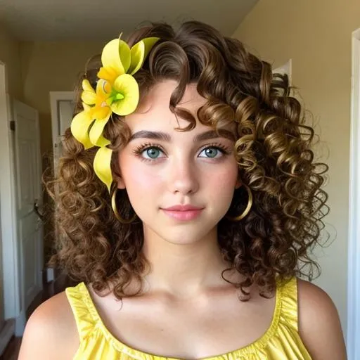 Prompt: A girl curly hair ,green eyes,wearing yellow