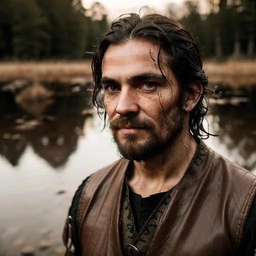 Prompt: best quality, professional picture, total, grim sturdy european man adventurer medieval fantasy setting, empty look, brown eyes, black long wet hair, medieval sturdy adventurer clothing, symmetrical detailed face, detailed skin texture, (blush:0.2), (goosebumps:0.3),  swamp in the background,  evening time, RAW photo, 8k uhd, dslr, high quality, film grain, Leica 50mm, extremely detailed, natural lighting,