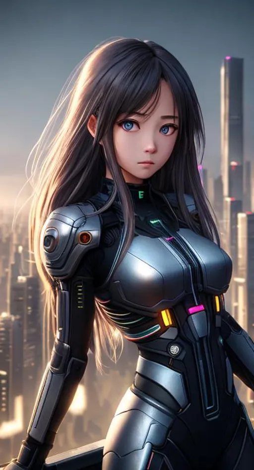 Prompt: Dystopian, High Detail RAW color Photo, Full Shot, (cute and innocent female), long stray hair, detailed face, detailed eyes, centered,

standing on an overlook, looking out at sprawling cyberpunk city skyline, perfect face, (highly detailed, fine details, intricate), (lens flare:0.5), (bloom:0.5), raytracing, specular lighting, shallow depth of field, 200mm lens, hard focus, smooth, cinematic film still,