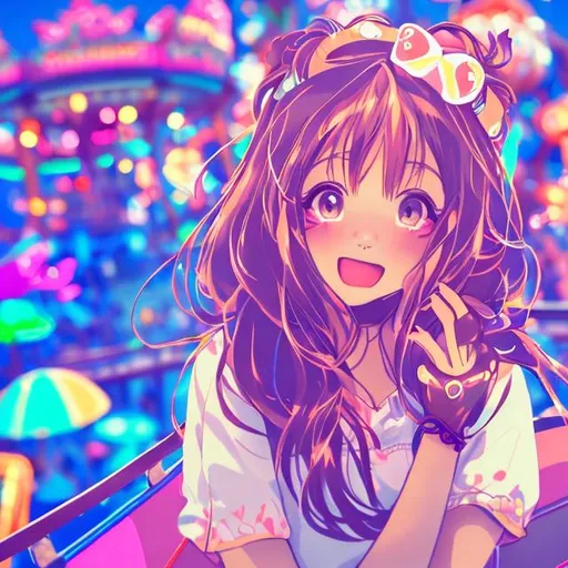 Prompt:  an anime girl reveling in the excitement of an amusement park. Let her be surrounded by thrilling rides, colorful game booths, and delightful treats. Show her glowing with happiness, her eyes sparkling with wonder, as she embraces the carefree joy of the moment. Use dynamic lines and vibrant colors to capture the spirited atmosphere of the amusement park. Unleash the AI's creativity to infuse this artwork with the magic of a cherished anime adventure.