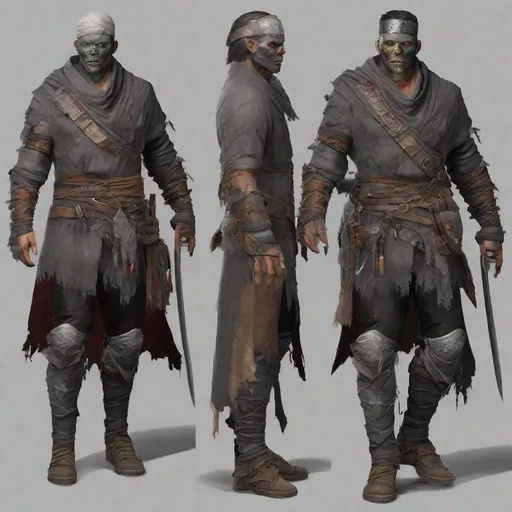 Prompt: Create a 6'3" male zombie with grey skin, covered in bandages. He should be wearing dark, tattered cloth that exposes his chest and a dark mask that covers his face. He has a massive brand wrapping around his left arm. Model him after a Dungeons and Dragons 5th Edition Path of the Zealot Barbarian and Undying Warlock with 20 Strength and 18 Constitution. Equip him with a very large axe.
