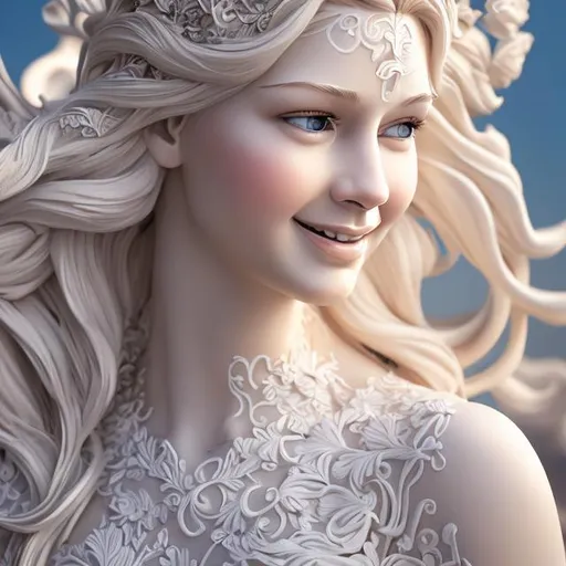 Prompt: Fair skin lady detailed face features, 8K, glossy skin, flowy hair, white dress, smiling, animated 