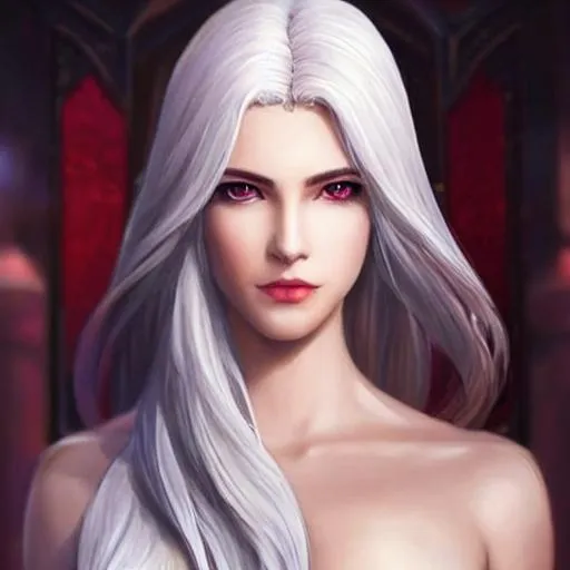 Prompt: Full body portrait of a perfect carmilla from mobile legends, hyper realistic, smooth clear porcelain skin and heart jawline, rebonded intricate silky white hair, dreamy brown eyes, symmetrical, looking into camera, 16k, by Greg rutkowski, wears red gown, splash art, fantasy concept art, complementary colours, fit and muscular