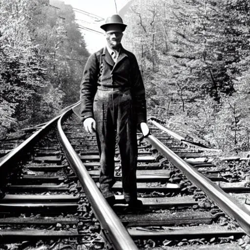 Prompt: Railroad conductor in the Appalachian Mountains