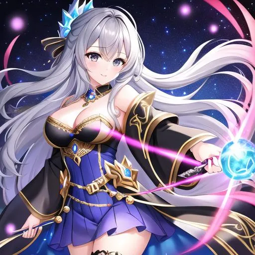 Prompt: Pretty, Young Female Mage, wearing Ornate and Highly Detailed Robes of the colors Black Silver and Blue, While she is Casting fire magic, Background Night sky
