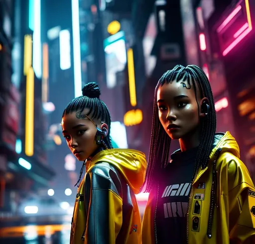 Prompt: cyborg, robot girl wearing yellow rain jacket and denim shorts in a cyber punk city, hyper realistic details, cinematic lighting, 3d, 8k