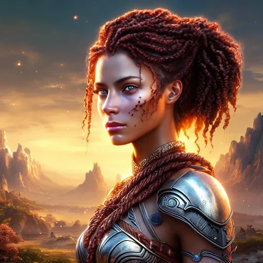 Prompt: HD 4k 3D 8k professional modeling photo hyper realistic beautiful warrior woman ethereal greek goddess of the war-cry
burgundy hair in twists brown eyes gorgeous face tan skin shimmering armor tattoos headpiece full body surrounded by magical glowing pure light hd landscape background owls trees war weapons