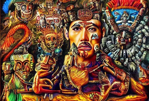 Prompt: Fredy Mercury  in surrealism and mayan arts  style 