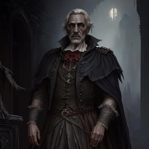 Prompt: highest quality concept art masterpiece, dark fantasy, Ravenloft, digital drawing, photo-realistic, Italian, Roma, short hair,  colorful royal ragged and worn clothes, older male baron, poor and does not show it, dark, night, mists, rotten mansion, 
