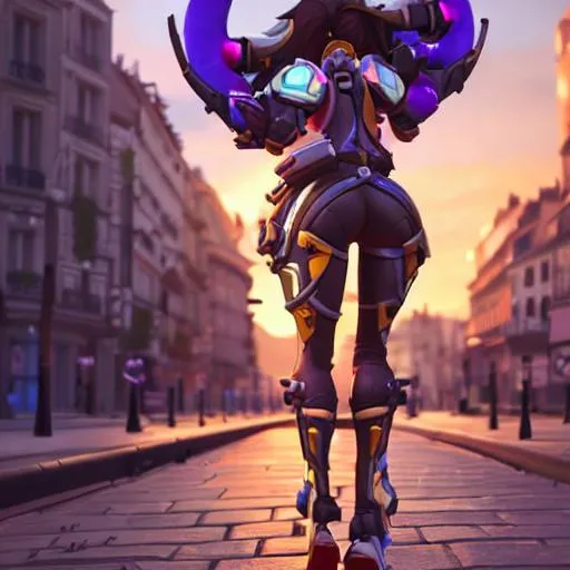 Prompt: 3D art, Blizzard Overwatch 2 Cinematic style, cute, highly detailed, pretty face, Halle Berry as Widowmaker, streets of Paris France, wide angle lens, magic hour, sunset.