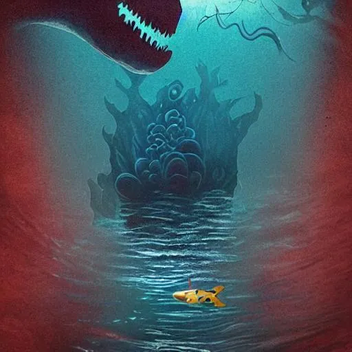 Prompt: terrifying giant amalgamous monster sneaking up from the deep sea underwater, thalassophobia, tiny person, surrealism liminal space, sinking deep into the ocean, dark and ominous