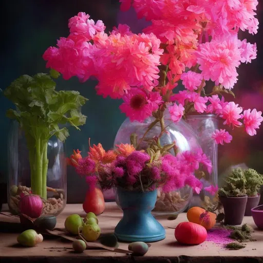 Prompt: Sur la table de travail d'un alchimiste.Dans un grand vase en verre transparente. Un potager magique. Une fumée verte fluorescente s'échappe du pot. Un génie y apparait. Pastel sec. Hyperdétaillé. Couleurs vives. 