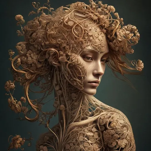 Prompt: insanely beautiful portrait of a woman, anatomically perfect, golden ratio, highly detailed and intricate, elegant , mysterious, flowers, 3 D