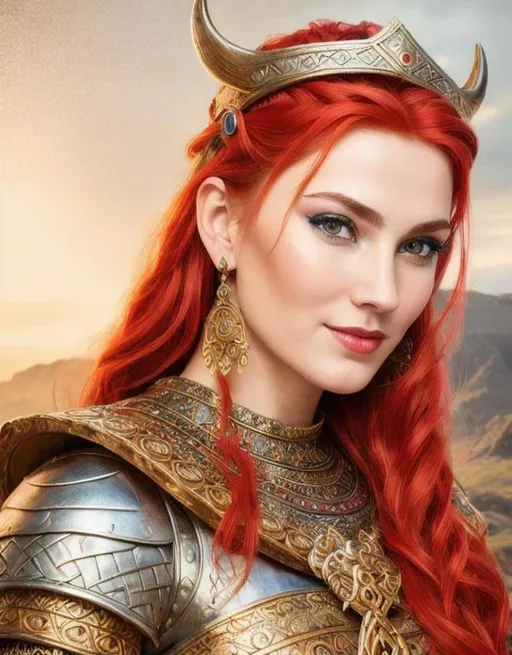 Prompt: highest quality stylized viking woman masterpiece, red hair, award-winning 3d oil painting art, perfect anatomy in perfect composition, long shot, hyper-realistic photography, intricate, 64k, UHD, HDR, (intricate eyes), extraordinary lips, subtle smile, gorgeous eyelashes, highly detailed face, hyper-realistic facial features, cinematic 3d volumetric, dramatic lighting with backlit backlight, by Julia Razumova