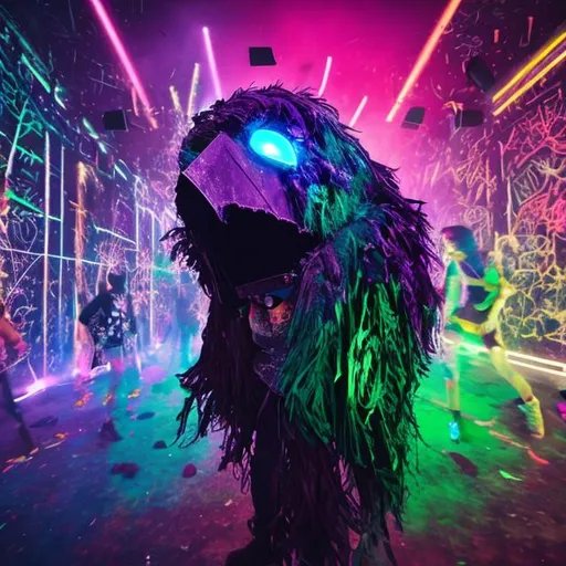 Prompt: rave party, raven mask, fun, depressed, good quality, blurs, berlin aura, not realistic, art
