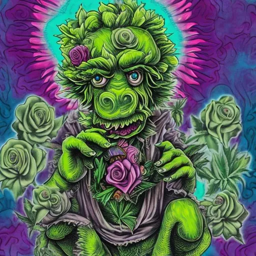 Prompt: psychadelic cannabis monster holding a rose
