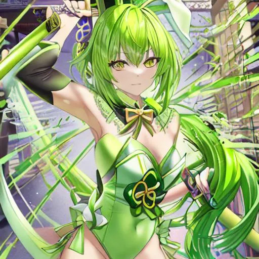 Prompt: lime green bunny girl with a samurai sword, green hair, golden eyes