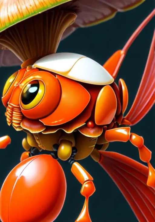 Prompt: UHD, , 8k,  oil painting, Anime,  Very detailed, zoomed out view of character, HD, High Quality, Anime, Pokemon, Parasect is a large cartoonish orange insectoid hermit-crab-like cicada Pokémon with a mushroom as its back. It has a small head with pure white eyes and a segmented body that is mostly hidden by the mushroom and it has two completely white front-forward facing eyes. It has three pairs of legs with the foremost pair forming large pincers. The fungus growing on its back has a large red cap with yellow spots throughout.

The insect has been drained of nutrients and is now under the control of the fully-grown tochukaso. Removing the mushroom will cause Parasect to stop moving. It can thrive in dark forests with a suitable amount of humidity for growing fungi. Swarms of this Pokémon have been known to infest trees. The swarm will drain the tree of nutrients until it dies and will then move on to a new tree. 

Pokémon by Frank Frazetta