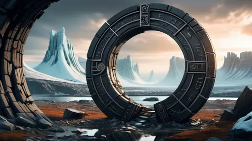 Prompt: magical portal between cities realms worlds kingdoms, circular portal, ring standing on edge, upright ring, freestanding ring, hieroglyphs on ring, broken ring, ruins, crumbling, broken, ancient roman architecture, arctic wilderness setting, panoramic view, futuristic cyberpunk tech-noir setting