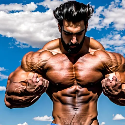 Prompt: Handsome tall giant hyper muscular Spanish bodybuilder packed with muscle sunbathing 