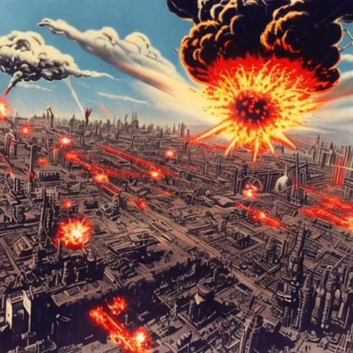 Prompt: An atomic bomb exploding on a port city,where people are instantaneously vaporised with a bomber plane in the distance 
