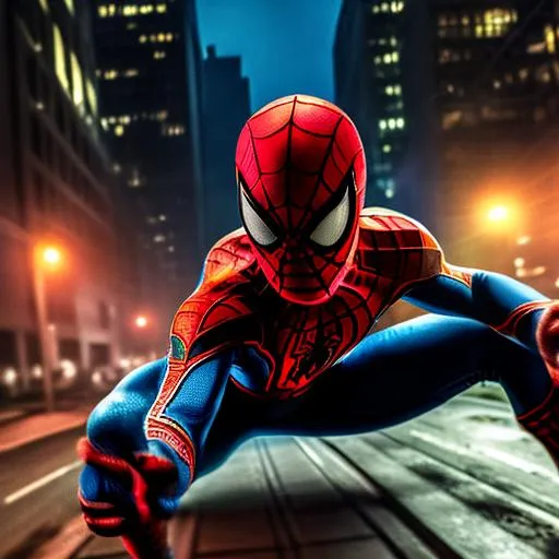 Prompt: photo of real life spiderman, looking at you mysteriously, cinematic lighting, outdoors, virbrant color scheme, background of the city, movie poster style,