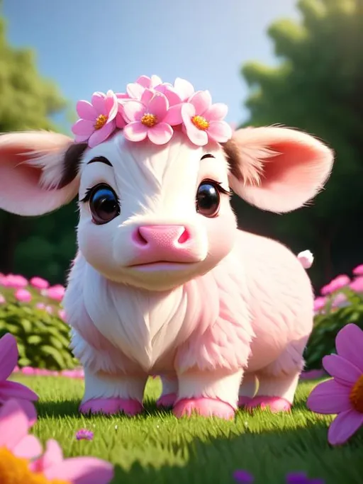 Prompt: Disney Pixar style pink highland calf highly detailed, extra fluffy, intricate, big eyes, adorable, beautiful, soft dramatic lighting, light shafts, radiant, ultra high quality octane render, daytime forest background, field of flowers, bokeh, hypermaximalist,buck teeth