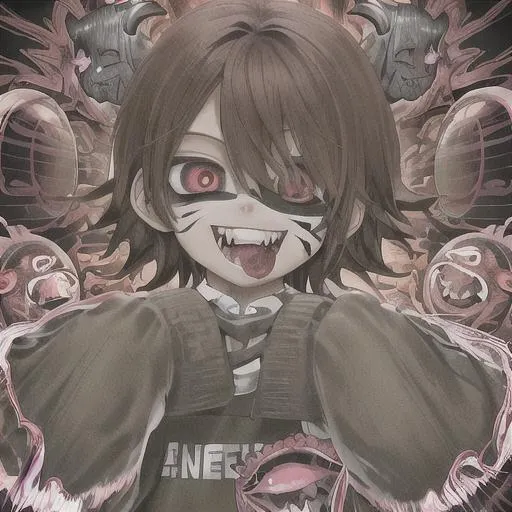 Prompt: insane, cute anime boy, brown hair, smiling, trippy background, demon behind, zoomed out, fangs, aesthetic mask, scars, no horns, hands on face 