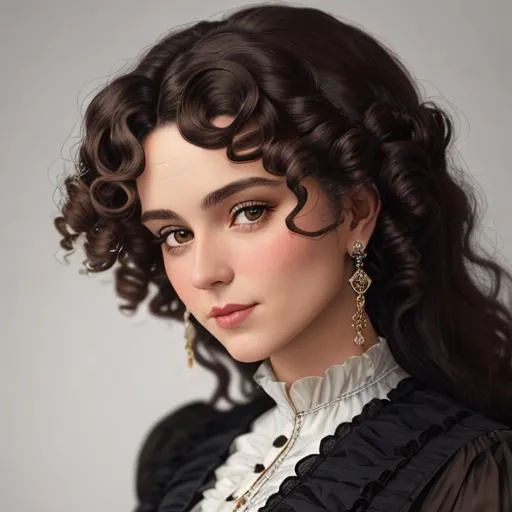 Prompt: An attractive 35 year old woman with very curly hair, elegant, Victorian era, 19th century, facial closeup