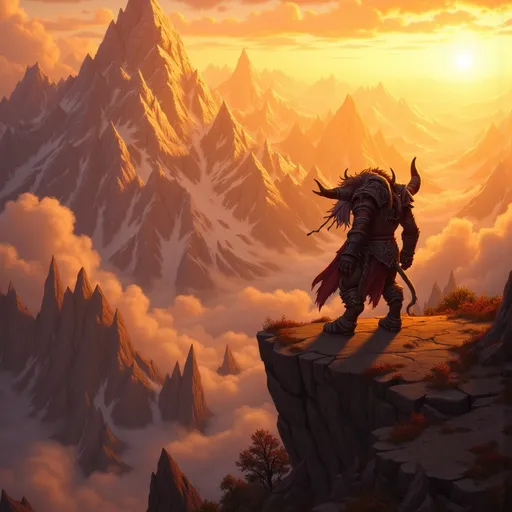 Prompt: (fantasy scene), happy Tauren standing on the edge of a cliff, big cloven hooves, wearing imposing black armor, basking in warm, golden sunshine, rugged mountains in the background, dramatic lighting highlights, vibrant and rich warm color palette, majestic and serene atmosphere, (ultra-detailed), cinematic quality, inviting and epic landscape.