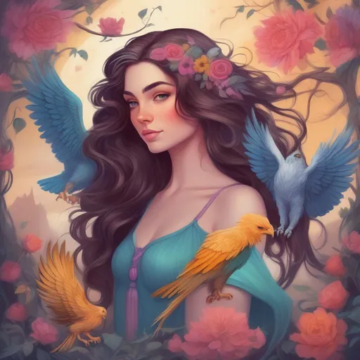 Prompt: A colourful and beautiful Persephone, brunette hair and with her hair being made out of magic, with her pet Griffon in a painted style