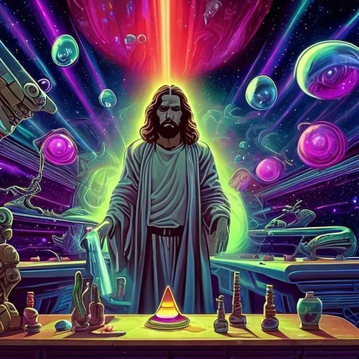 Prompt: widescreen, photo, painting, longshot, wide view, infinity vanishing point, overhead lighting, jesus and an alien smoking a crystal bong,  fancy table , in an exotic space cantina, stunning galaxy background