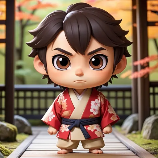 Prompt: create a Chibi character who is male, dark hair, brown eyes, wearing traditional japanese clothes that show character, fun and light heartedness.