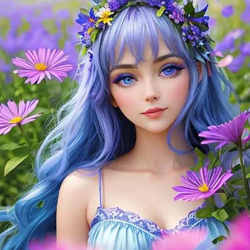 Prompt: Fairy of summer, vivid colors of blue and purple,large eyes, warm coiors, wildflowers, closeup