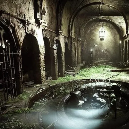 Prompt: a fantasy rpg underground dungeon sewer with a water basin with floating water and roots and spiderwebs and bones in a corner, dark horror scenery,  photorealistic , ultra detailed, hyperrealistic, surreal, matte painting, unreal engine 5, UHD, first player sight

