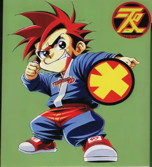 Prompt: cool, character boy mascot, chibi, advertisement, scan lines, retro, tokyo, 80s