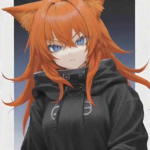 Prompt: black hoodie, blue eyes, female, orange hair, furry