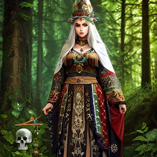 Prompt: slavic female shaman, forest witch, herbs and skulls, znaharka, full body artwork, bulgarian, shaman, digital art, traditional