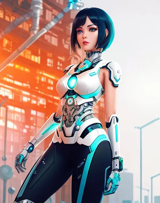 Prompt: Masterful graphic design Biomechanical cyborg female, High-tech industrial cityscape background, silver and turquoise palette, with robot body parts connected to wires, with a band-aid, bright haircut, futuristic clothes, beautiful artistic anime style