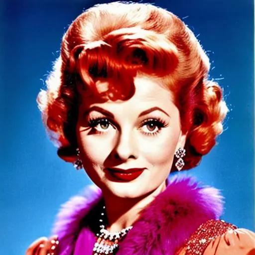 Prompt: Lucille Ball wearing fashionable clothing of the fifties, in vibrant colors, closeup