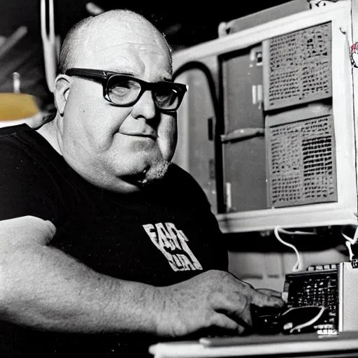 Prompt: old fat computer technician with a beer