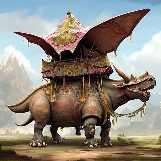 Prompt: triceratops adorned with a palanquin . fantasy world