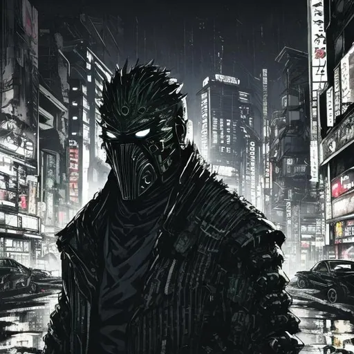 Prompt: Original villain.  Brawn. devious. Very Dark image with lots of shadows. Background partially destroyed neo Tokyo. Noir anime. Gritty. Dirty. Black with neon forest green accents. armour. Creepy mask. Bionic enhancements. 