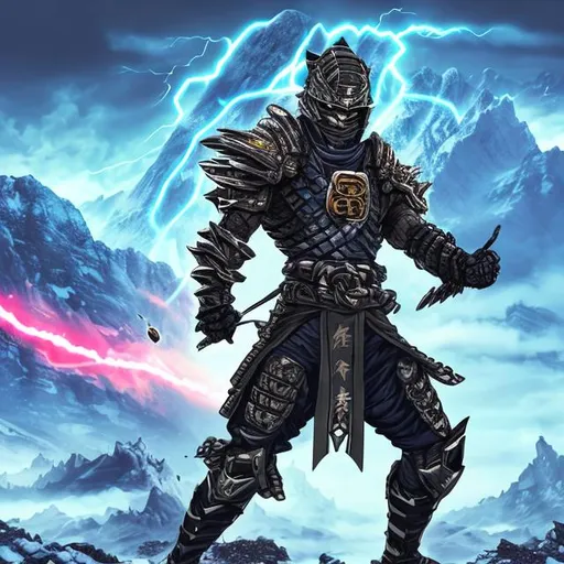 Prompt: sci-fi armoured ninja
 god in an electric aura in front of snowy mountain with thunder