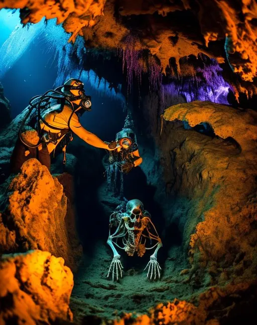 Prompt: Cave divers discovering a skeleton in a sunken tomb, in an unexplored cave, high quality 4K, underwater, gore, gory, ancient, horror, grave, purple yellow orange red terror scary blood cavern red highlights
